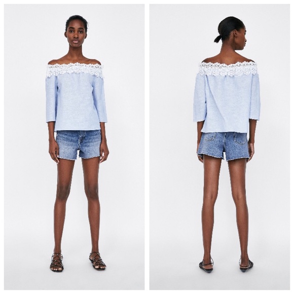 NWOT Zara Contrast Lace Stripe Off Shoulder Top -S - Picture 5 of 8